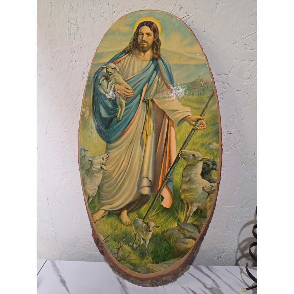 Vintage Jesus Good Shepherd Bark Edge Wood Slice Made by Cherokees Qualla NC